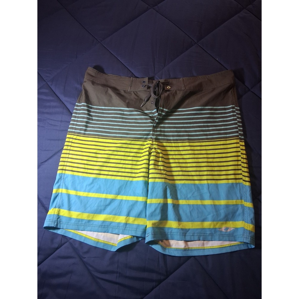 Oxide Mens Board Shorts Size 38 Brown Neon Yellow Blue Striped Swim‎ Trunks